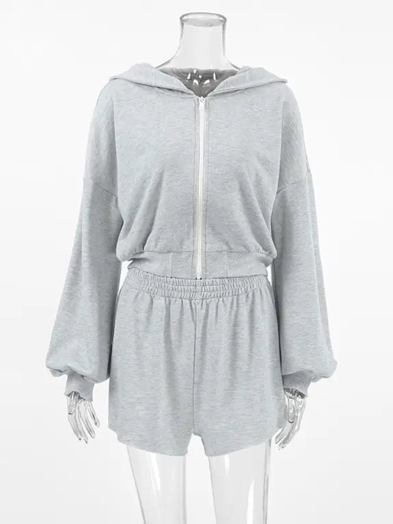 Hooded Zip-Up Sweatshirt Baggy Shorts Set