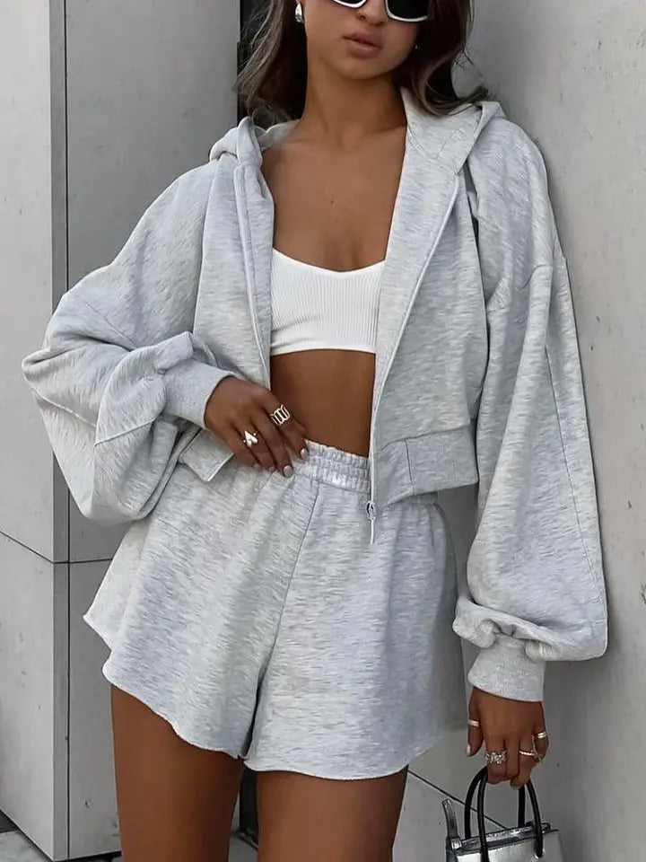 Hooded Zip-Up Sweatshirt Baggy Shorts Set