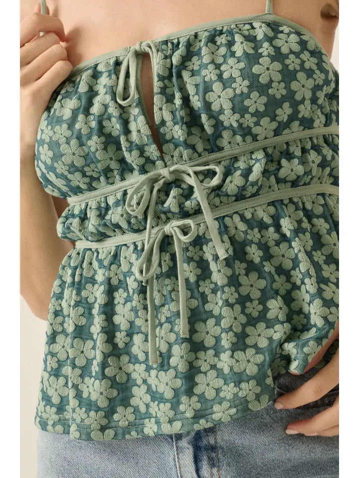 Textured Floral Gathered Tie-Front Cami Top