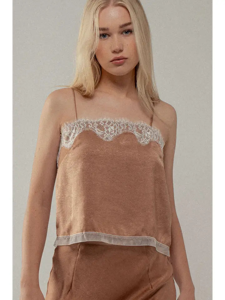 Scalloped Lace Trim Satin Camisole Top