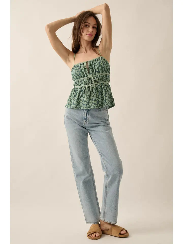 Textured Floral Gathered Tie-Front Cami Top