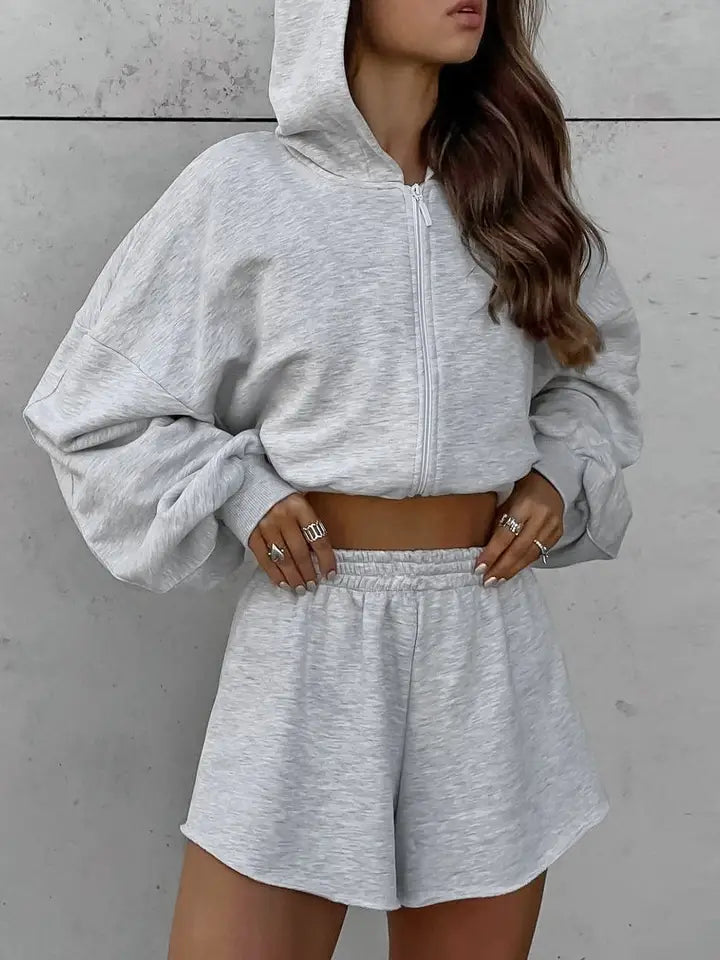 Hooded Zip-Up Sweatshirt Baggy Shorts Set