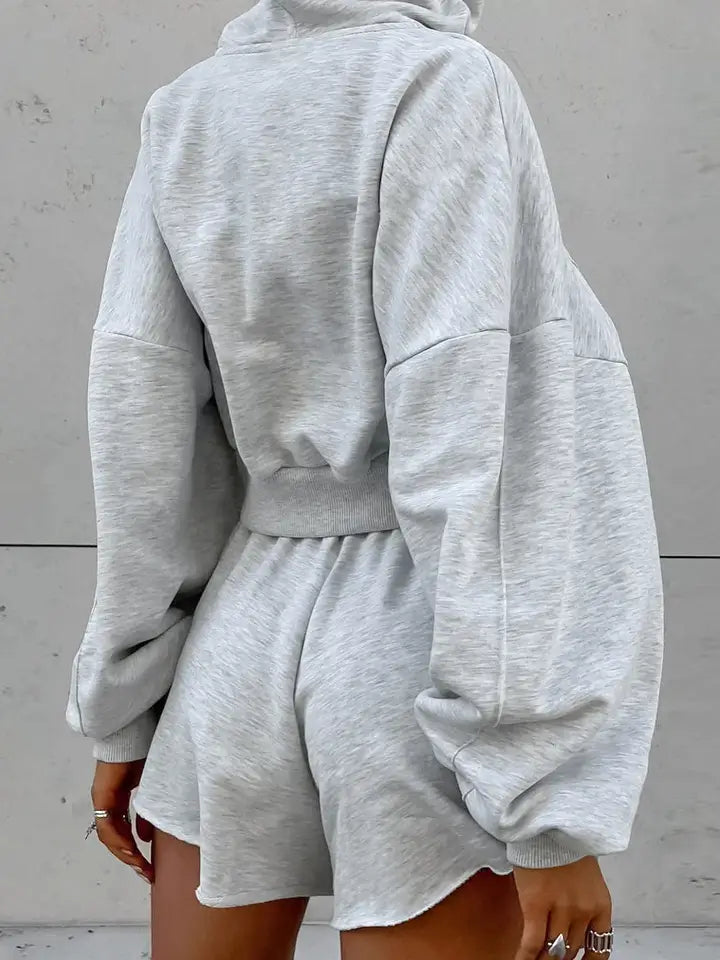 Hooded Zip-Up Sweatshirt Baggy Shorts Set