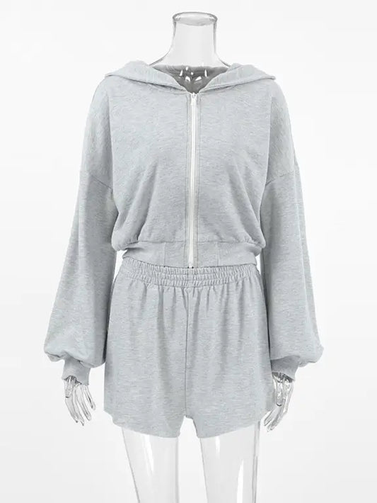 Hooded Zip-Up Sweatshirt Baggy Shorts Set