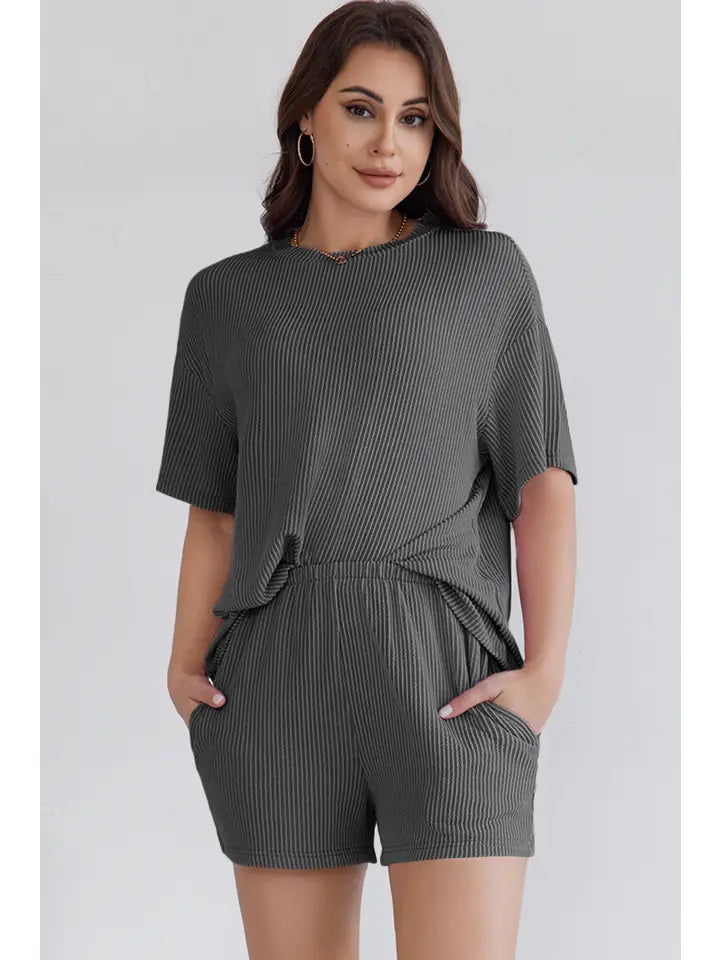Ribbed Textured Knit Loose Fit Tee and Shorts Lounge Set