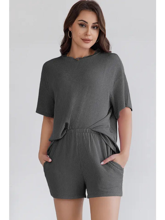 Ribbed Textured Knit Loose Fit Tee and Shorts Lounge Set