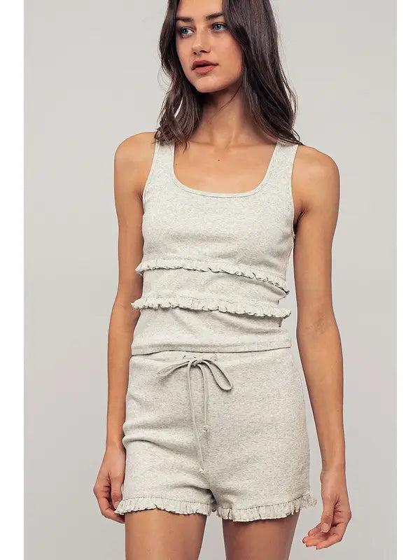 Ruffle Trim Ribbed Knit Lounge Tank and Shorts Set