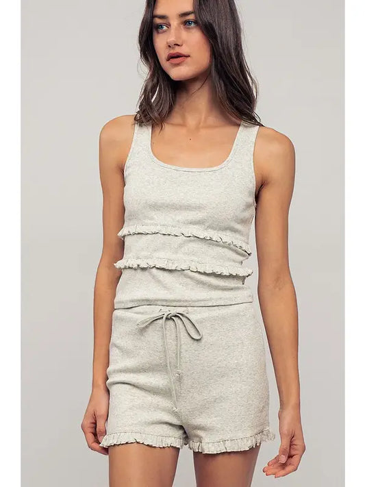 Ruffle Trim Ribbed Knit Lounge Tank and Shorts Set