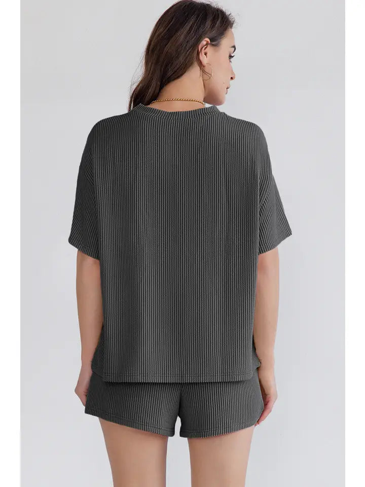 Ribbed Textured Knit Loose Fit Tee and Shorts Lounge Set