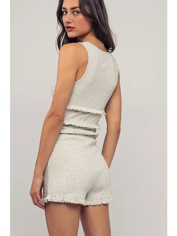 Ruffle Trim Ribbed Knit Lounge Tank and Shorts Set