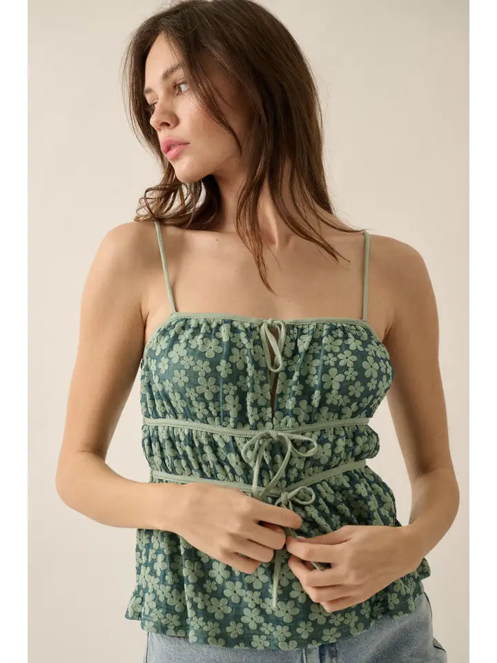 Textured Floral Gathered Tie-Front Cami Top