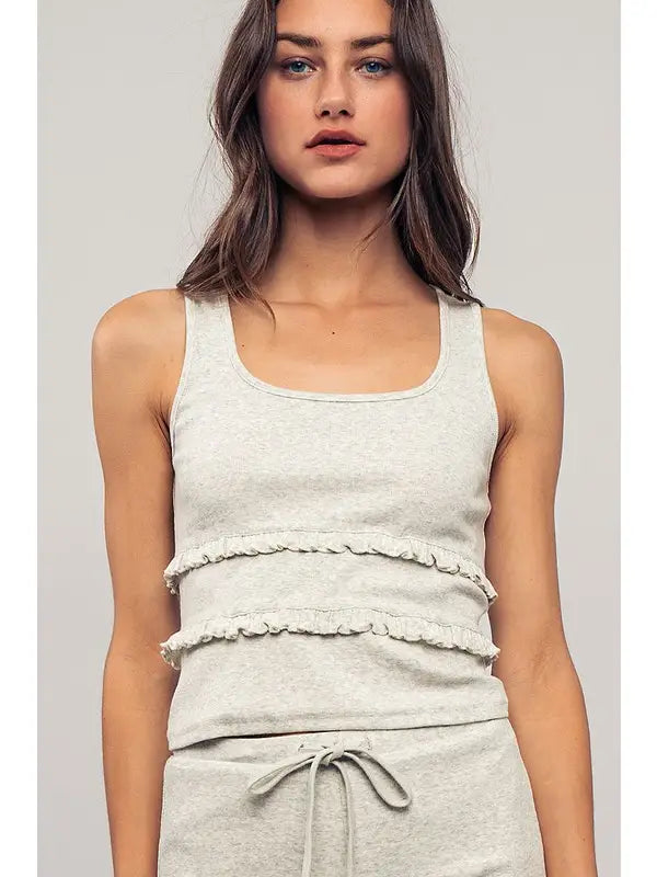 Ruffle Trim Ribbed Knit Lounge Tank and Shorts Set