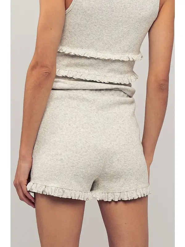 Ruffle Trim Ribbed Knit Lounge Tank and Shorts Set