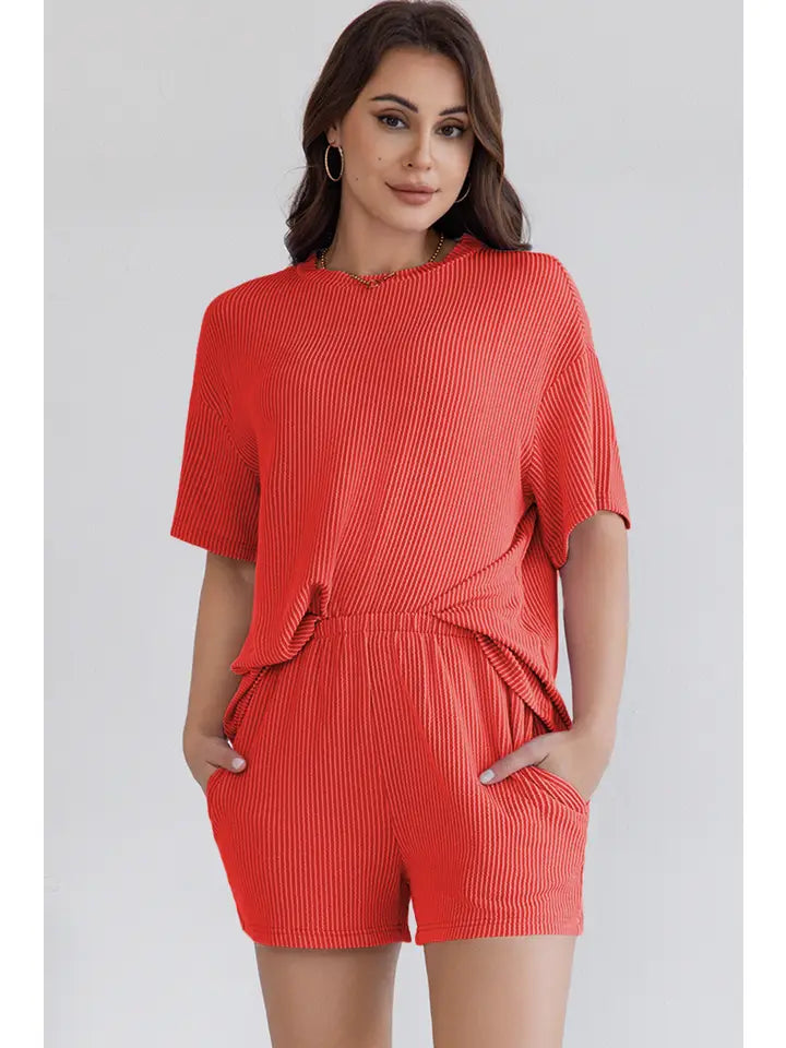 Ribbed Textured Knit Loose Fit Tee and Shorts Lounge Set