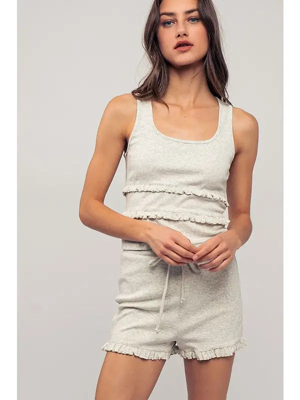 Ruffle Trim Ribbed Knit Lounge Tank and Shorts Set