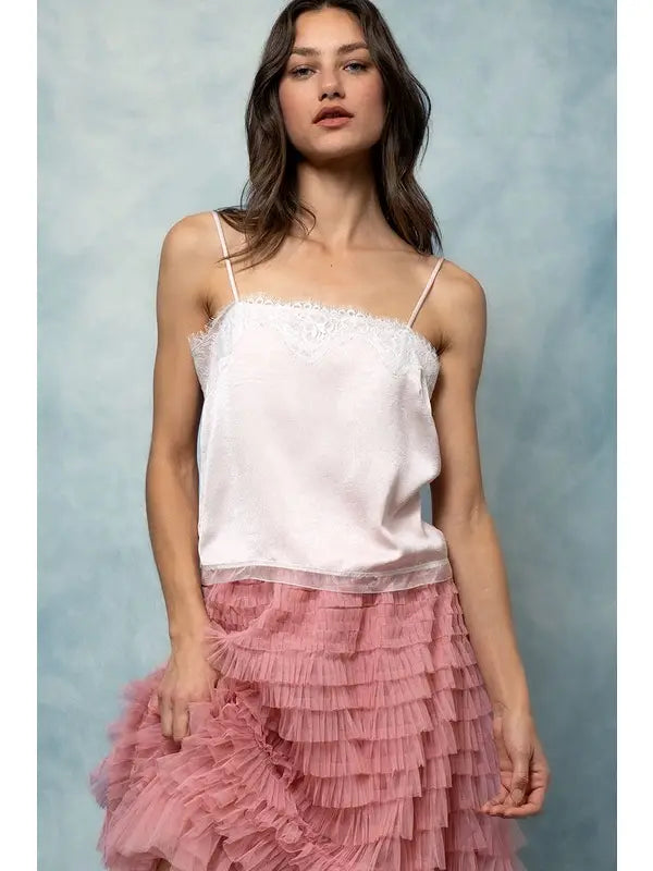 Scalloped Lace Trim Satin Camisole Top