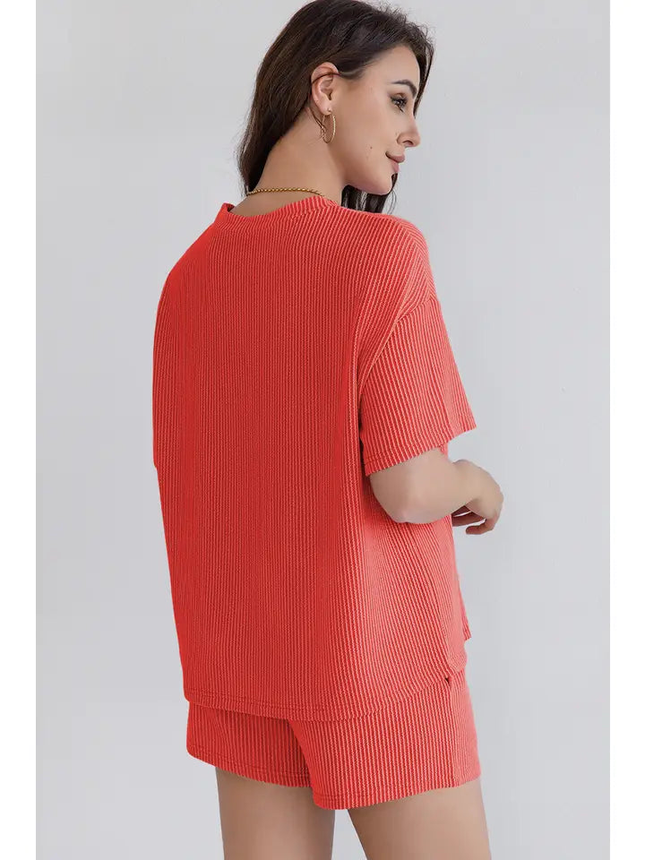 Ribbed Textured Knit Loose Fit Tee and Shorts Lounge Set