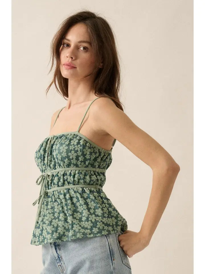 Textured Floral Gathered Tie-Front Cami Top