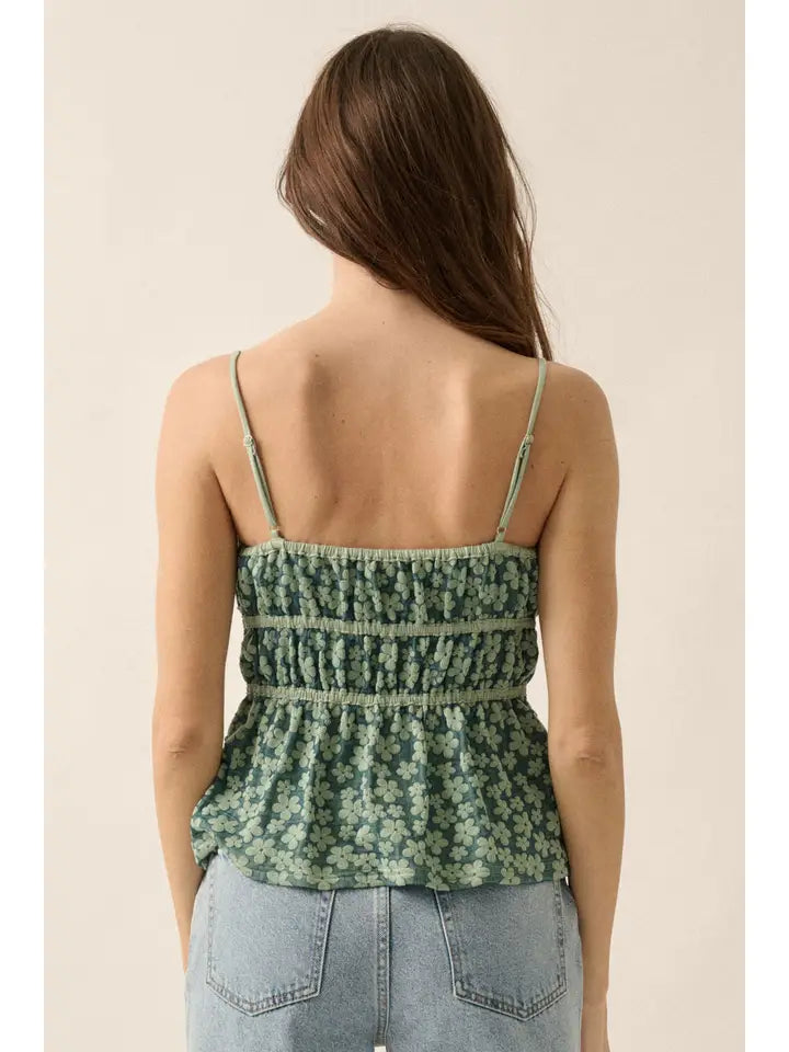 Textured Floral Gathered Tie-Front Cami Top