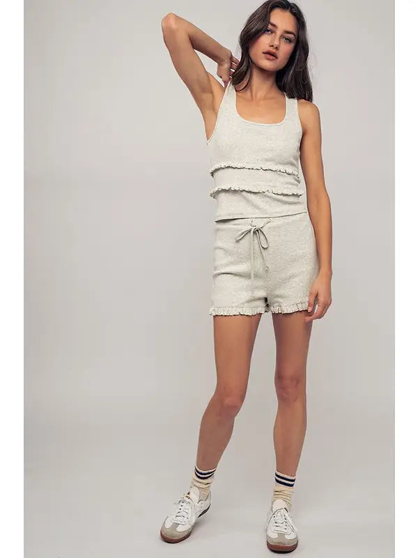 Ruffle Trim Ribbed Knit Lounge Tank and Shorts Set